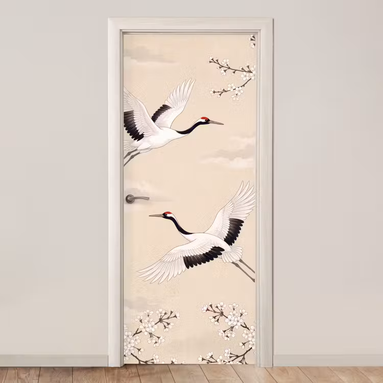 Kraanvogels - Bloesem - Beige deurposter klein -3d_beige
