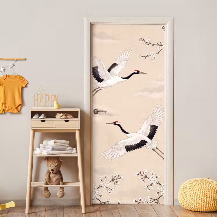 Kraanvogels - Bloesem - Beige deurposter klein -sfeer4