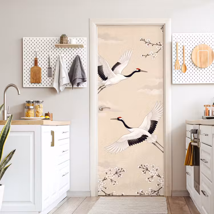Kraanvogels - Bloesem - Beige deurposter klein -sfeer5