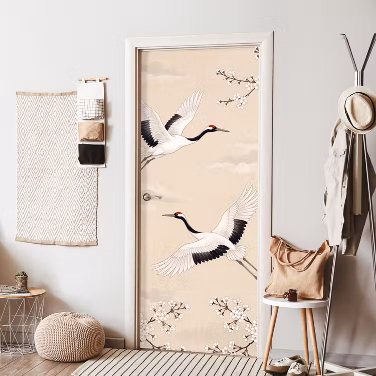 Kraanvogels - Bloesem - Beige deurposter klein -sfeer6