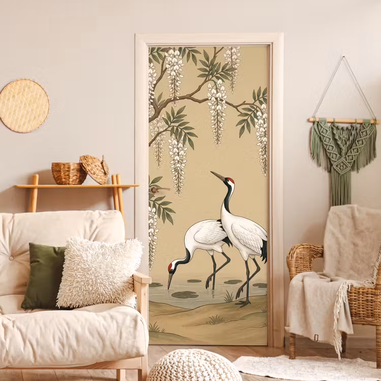 Kraanvogels - Water - Beige deurposter klein -sfeer2