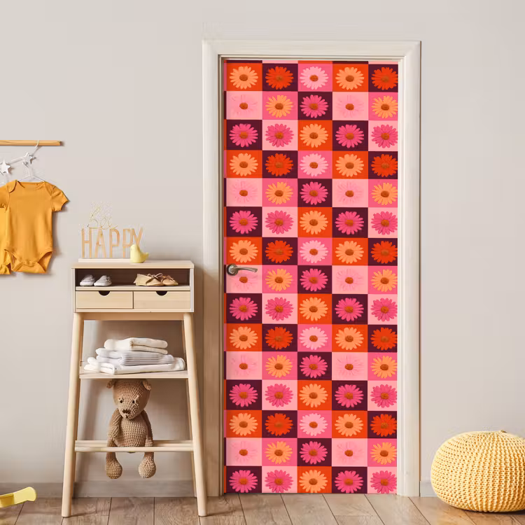 Madeliefjes - Dambord - Retro - Roze - Oranje deurposter klein 289 -sfeer4