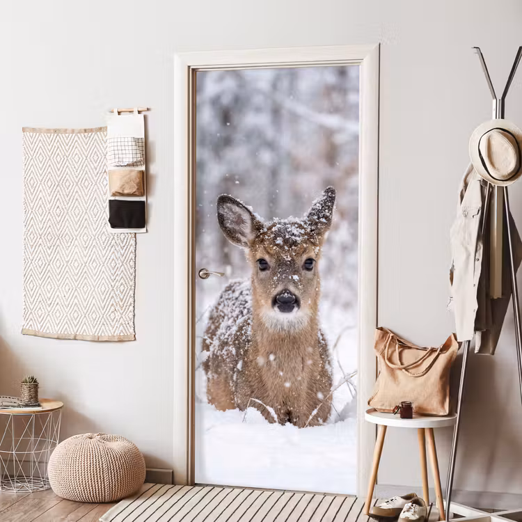 Hert - Sneeuw - Bos - Dieren - Vertederend deurposter klein -sfeer6