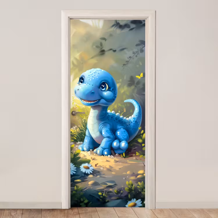 Dino - Blauw - Baby - Dinosaurus deurposter klein -3d_beige