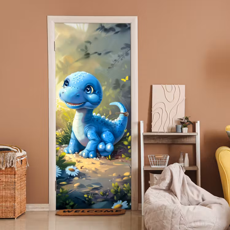 Dino - Blauw - Baby - Dinosaurus deurposter klein -sfeer1
