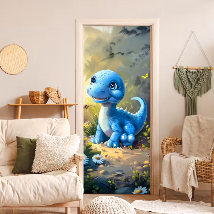 Dino - Blauw - Baby - Dinosaurus deurposter klein -sfeer2