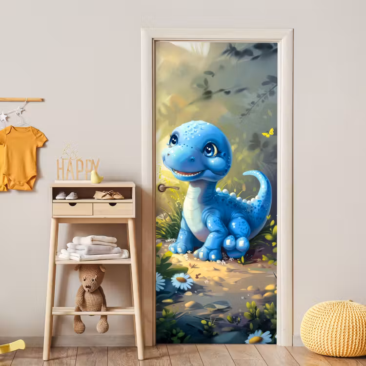 Dino - Blauw - Baby - Dinosaurus deurposter klein -sfeer4