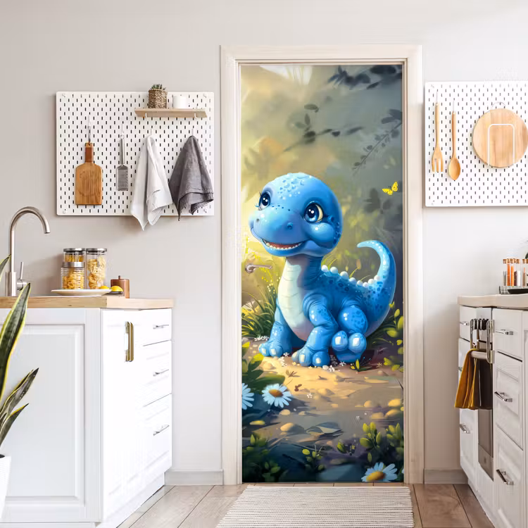 Dino - Blauw - Baby - Dinosaurus deurposter klein -sfeer5