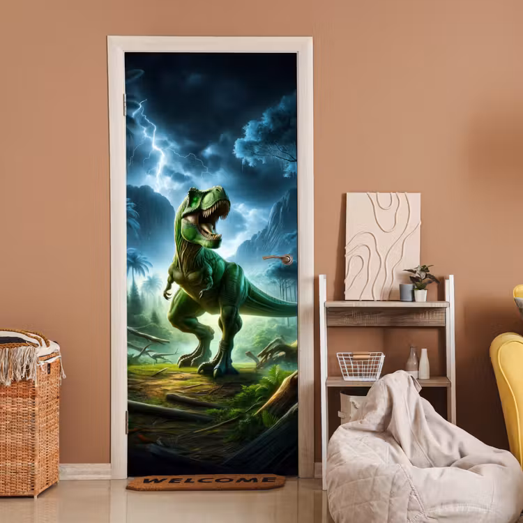 Dino - Jongens - Groen - Blauw - T-Rex deurposter klein -sfeer1