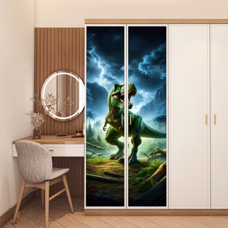 Dino - Jongens - Groen - Blauw - T-Rex deurposter klein -sfeer3