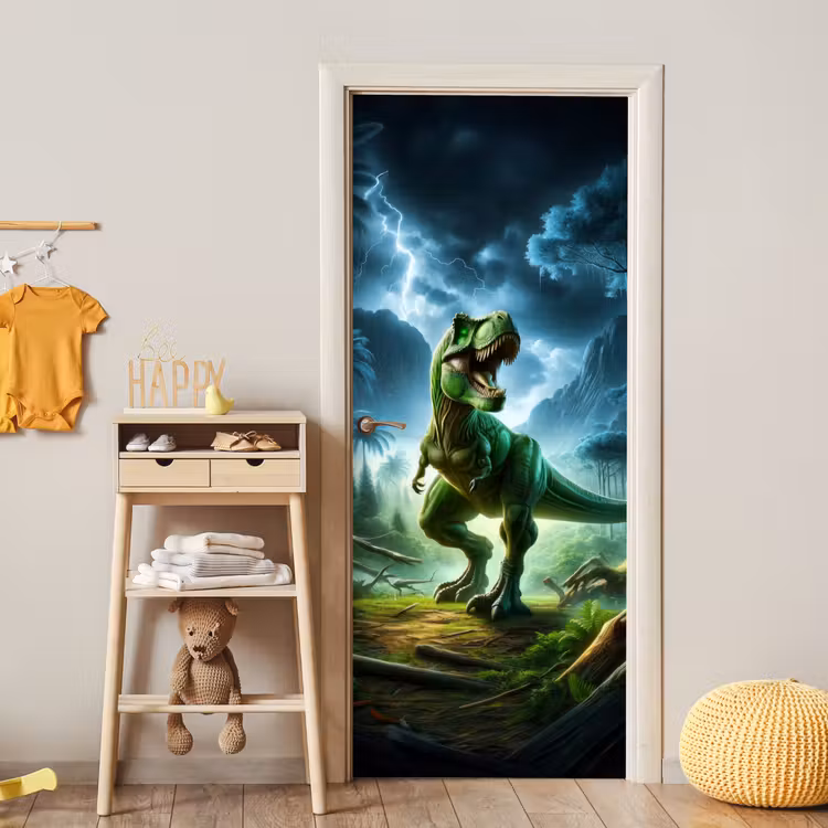 Dino - Jongens - Groen - Blauw - T-Rex deurposter klein -sfeer4