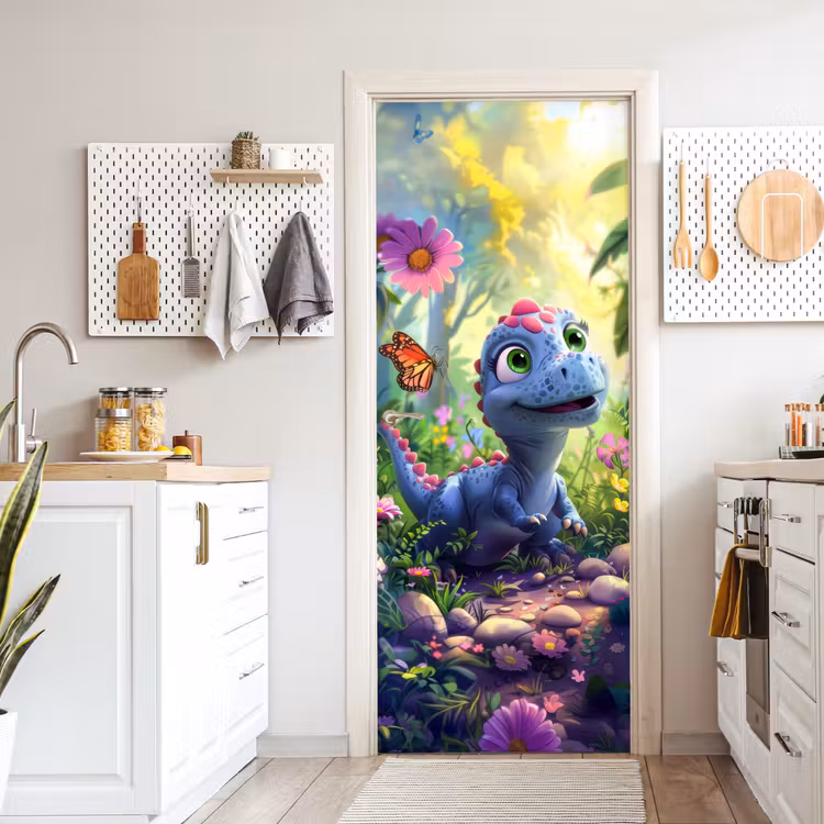 Dino - Paars - Baby - Dinosaurus deurposter klein -sfeer5