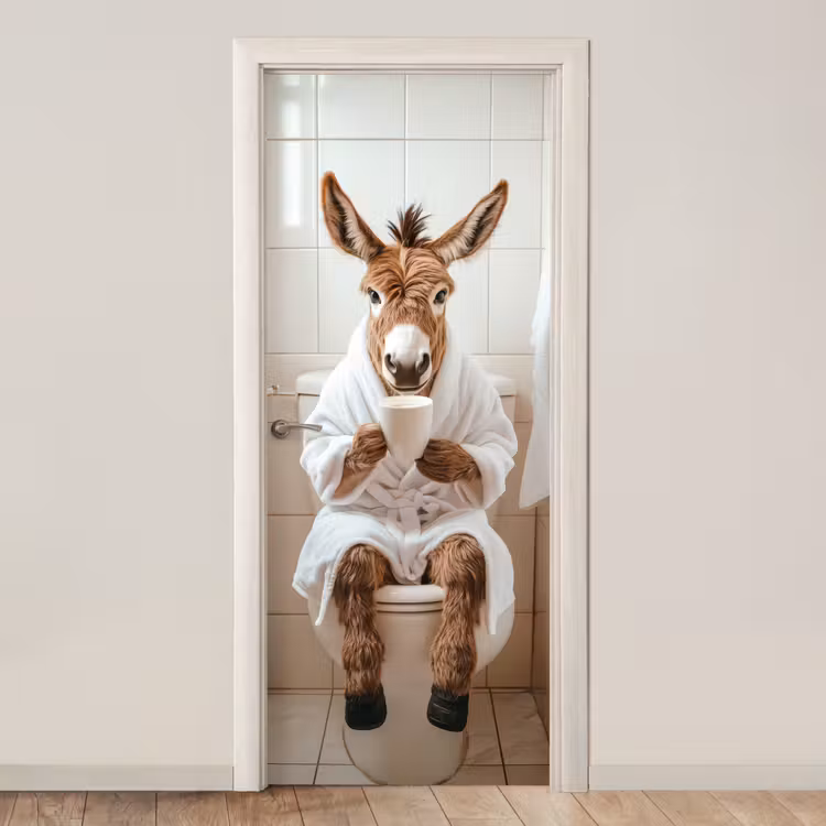 Ezel - WC - Grappig - Badjas - Dier deurposter klein -3d_beige
