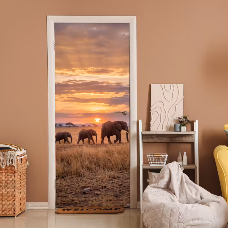 Olifanten - Savanne - Zonsondergang - Afrika - Warm deurposter klein -sfeer1
