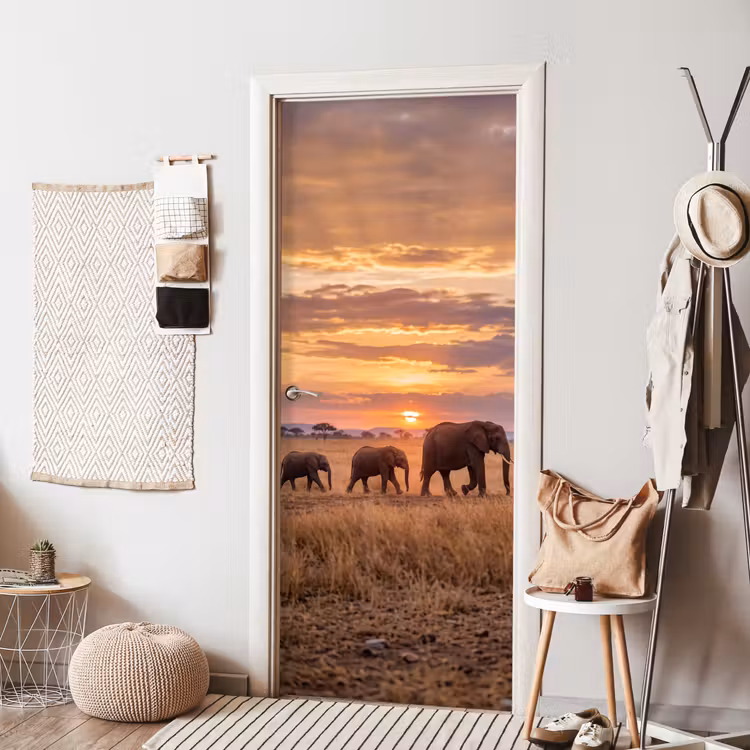 Olifanten - Savanne - Zonsondergang - Afrika - Warm deurposter klein -sfeer6