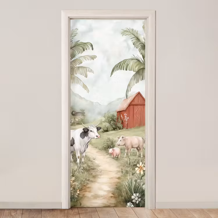 Boerderij - Dieren - Koe - Varken - Natuur deurposter klein -3d_beige