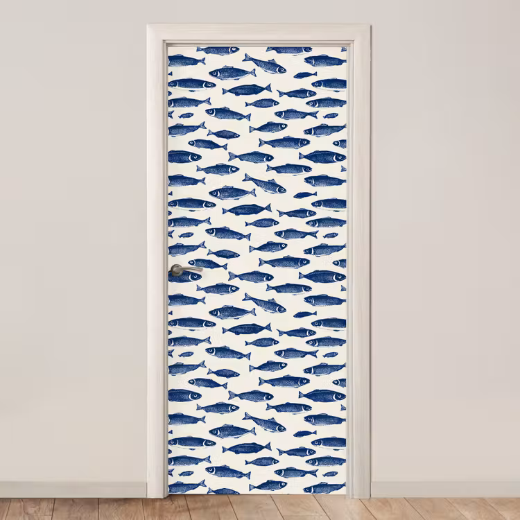 Vissen - Patroon - Blauw - Wit deurposter klein 289 -3d_beige