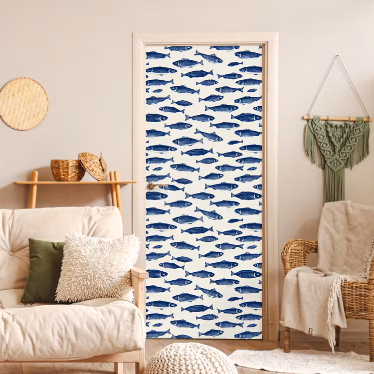 Vissen - Patroon - Blauw - Wit deurposter klein 289 -sfeer2