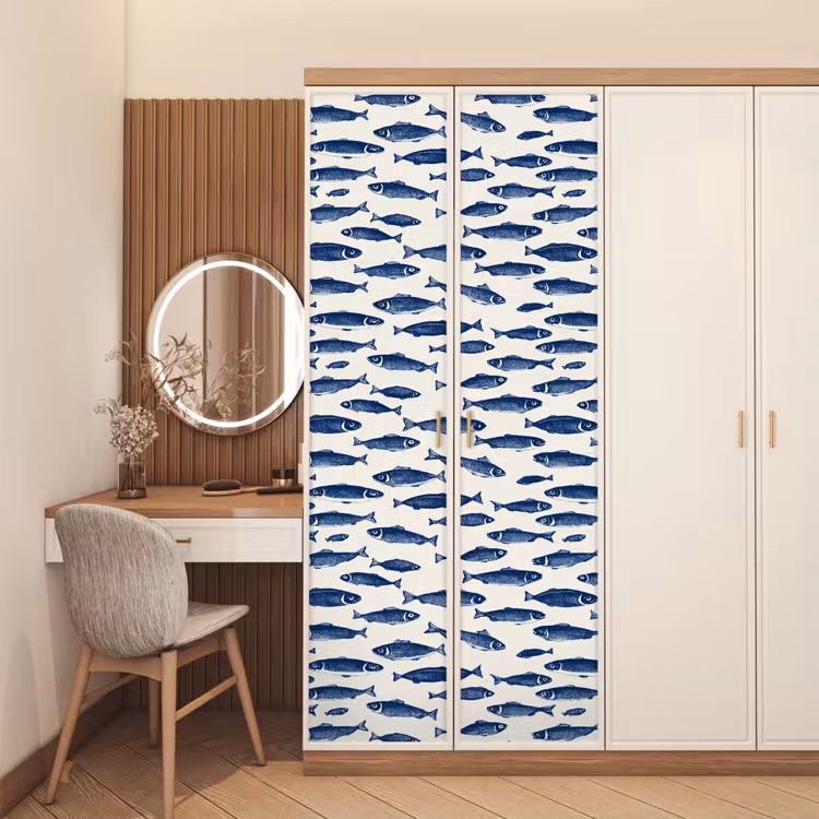 Vissen - Patroon - Blauw - Wit deurposter klein 289 -sfeer3