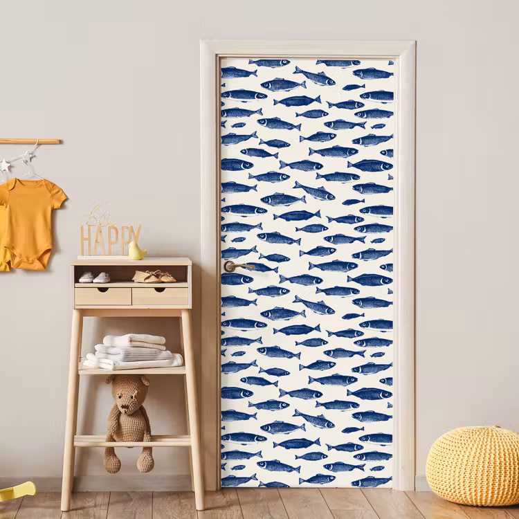 Vissen - Patroon - Blauw - Wit deurposter klein 289 -sfeer4