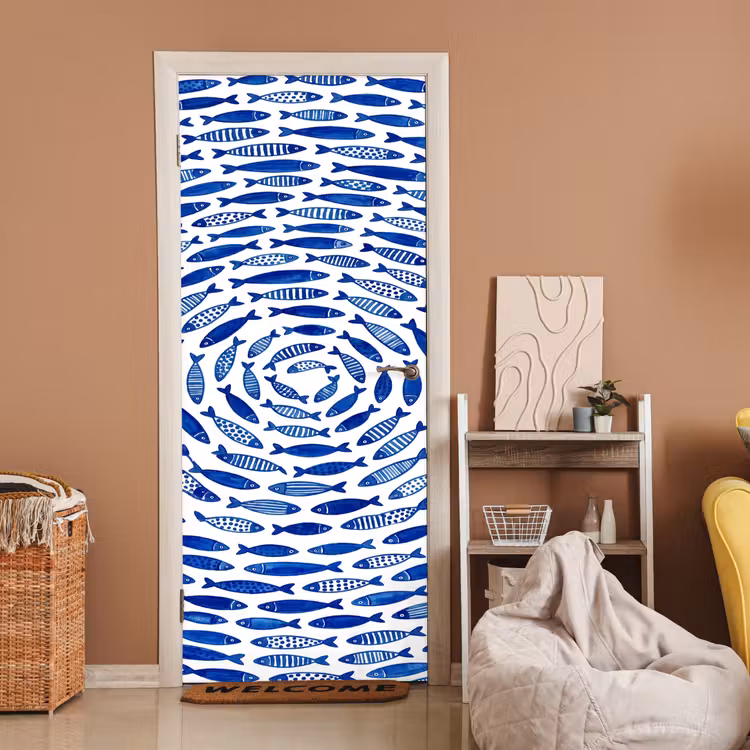 Vis - Patroon - Onderwater - Abstract - Blauw deurposter klein -sfeer1
