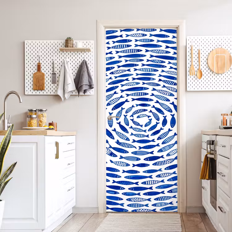 Vis - Patroon - Onderwater - Abstract - Blauw deurposter klein -sfeer5