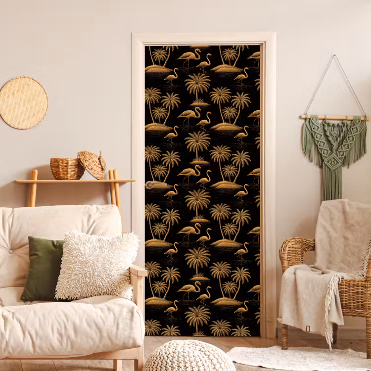 Flamingo - Palmbomen - Tropisch - Goud - Zwart deurposter klein 289 -sfeer2