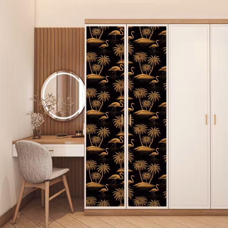Flamingo - Palmbomen - Tropisch - Goud - Zwart deurposter klein 289 -sfeer3