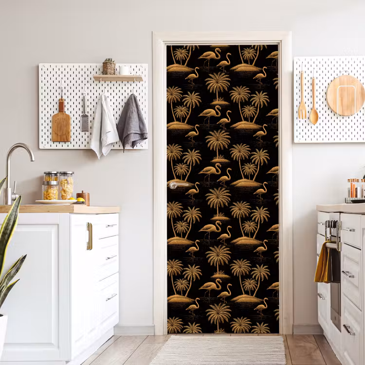 Flamingo - Palmbomen - Tropisch - Goud - Zwart deurposter klein 289 -sfeer5