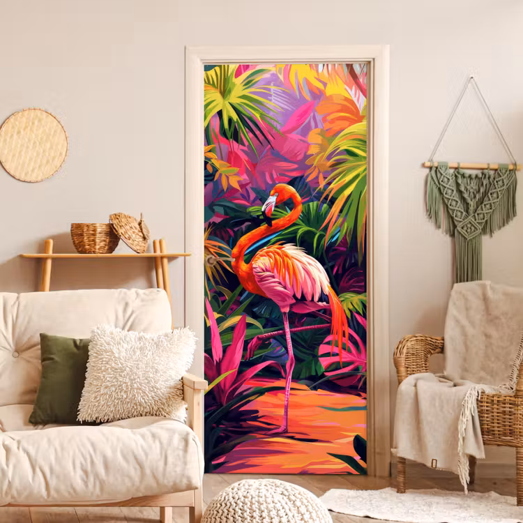 Flamingo - Tropisch - Dier - Bladeren deurposter klein -sfeer2