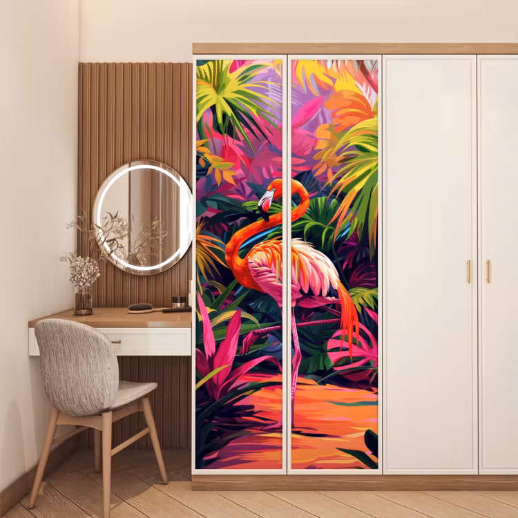 Flamingo - Tropisch - Dier - Bladeren deurposter klein -sfeer3