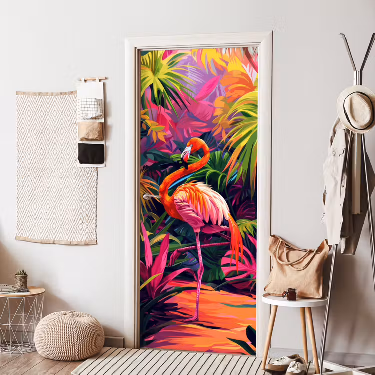 Flamingo - Tropisch - Dier - Bladeren deurposter klein -sfeer6