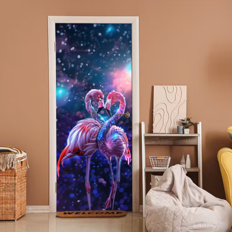 Flamingo's - Dieren - Ruimte - Galaxy deurposter klein -sfeer1