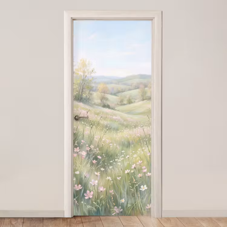 Bloemen veld - Bloemen - Groen deurposter klein -3d_beige