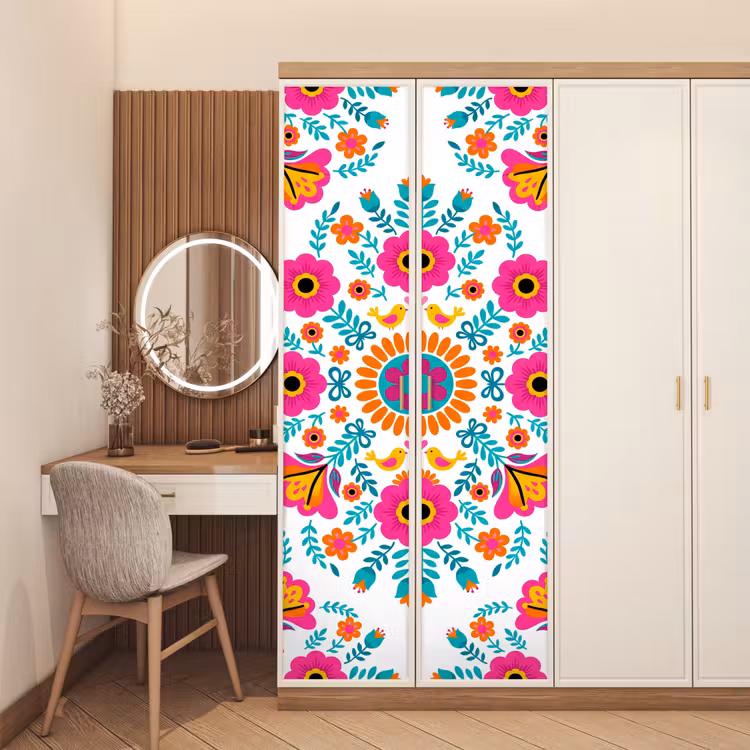 Bloemen - Vogel - Patroon - Kleurrijk - Modern deurposter klein -sfeer3