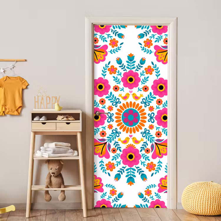 Bloemen - Vogel - Patroon - Kleurrijk - Modern deurposter klein -sfeer4