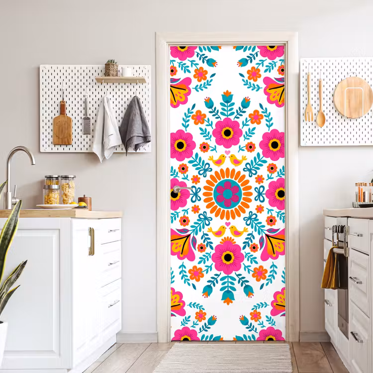 Bloemen - Vogel - Patroon - Kleurrijk - Modern deurposter klein -sfeer5