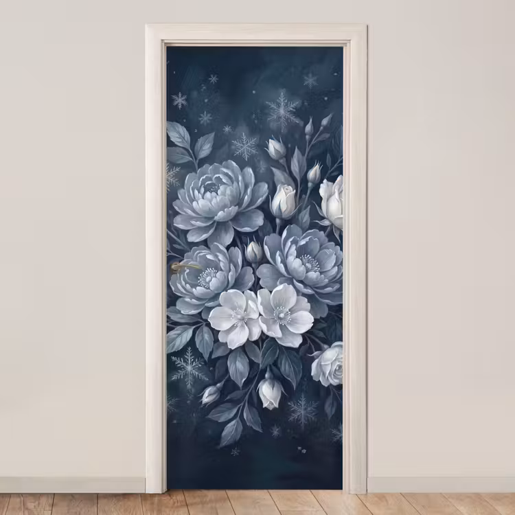 Bloemen - Boeket - Winter - Abstract - Blauw deurposter klein -3d_beige