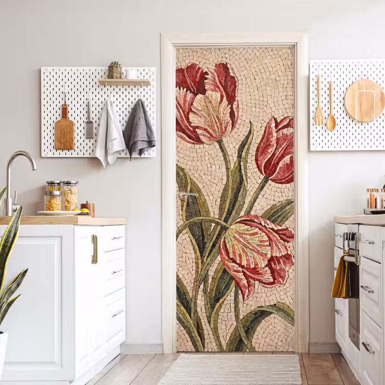 Bloemen - Mozaïek - Rood - Groen - Kunst deurposter klein -sfeer5