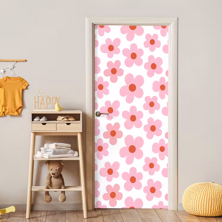 Bloemen - Patroon - Modern - Roze - Wit deurposter klein -sfeer4
