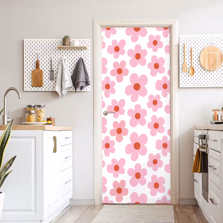 Bloemen - Patroon - Modern - Roze - Wit deurposter klein -sfeer5