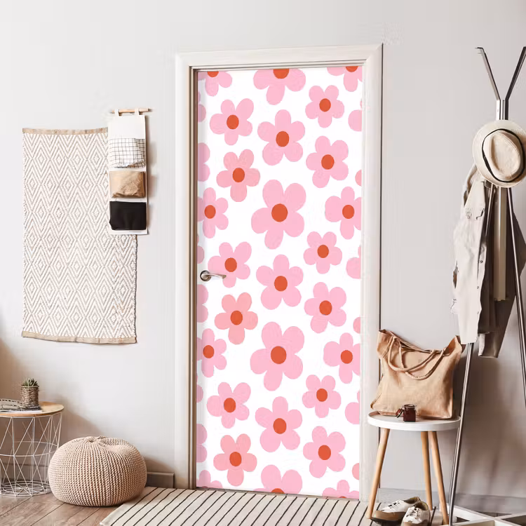 Bloemen - Patroon - Modern - Roze - Wit deurposter klein -sfeer6