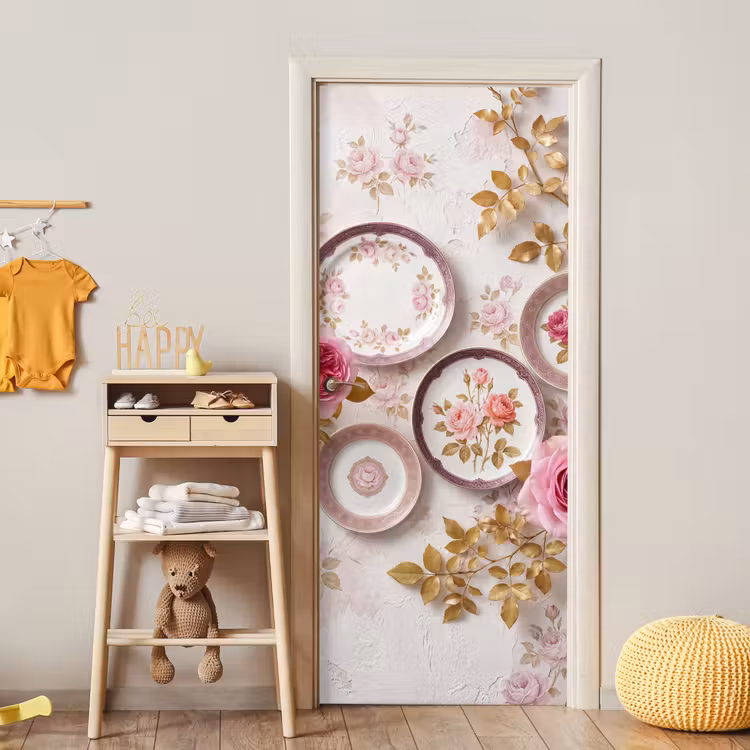 Bloemen - Patroon - Vintage - Roze - Decoratie deurposter klein -sfeer4