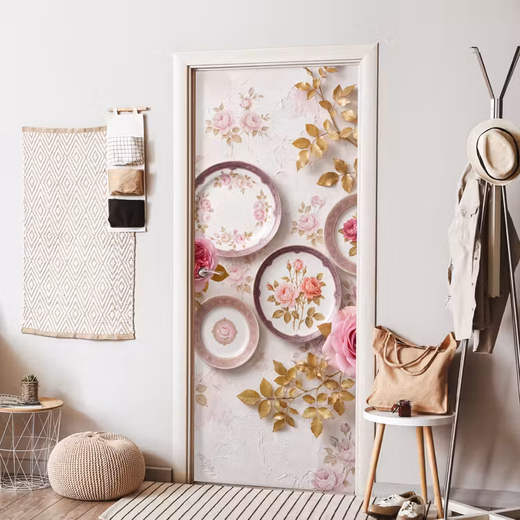 Bloemen - Patroon - Vintage - Roze - Decoratie deurposter klein -sfeer6