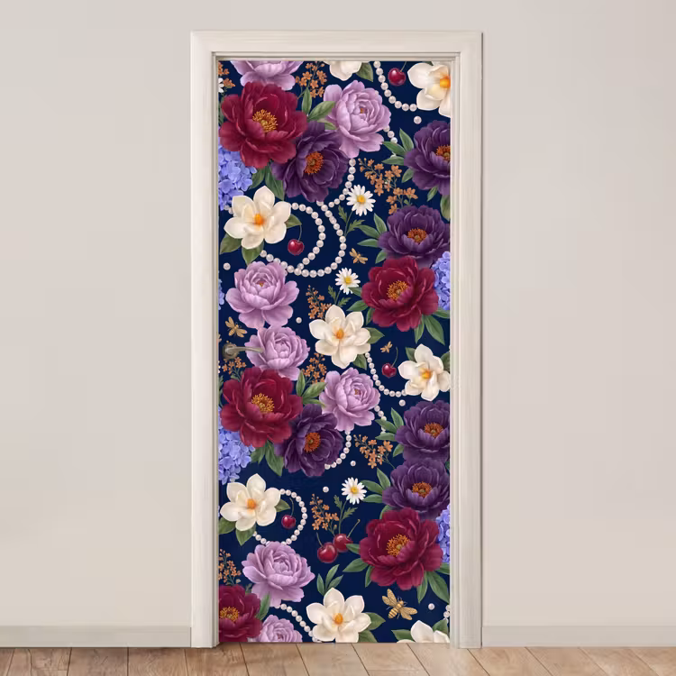 Bloemen - Parels - Decoratie - Modern - Blauw deurposter klein -3d_beige