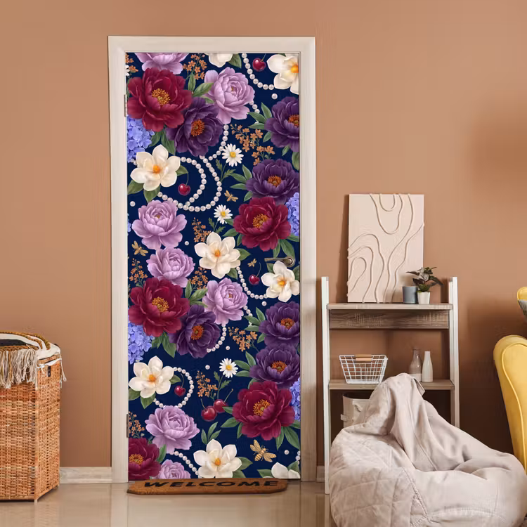 Bloemen - Parels - Decoratie - Modern - Blauw deurposter klein -sfeer1