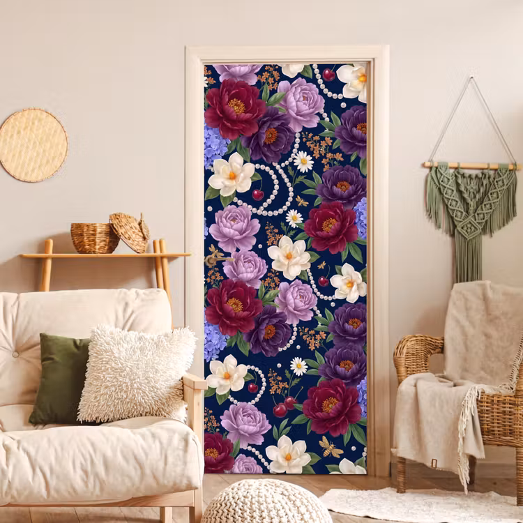 Bloemen - Parels - Decoratie - Modern - Blauw deurposter klein -sfeer2