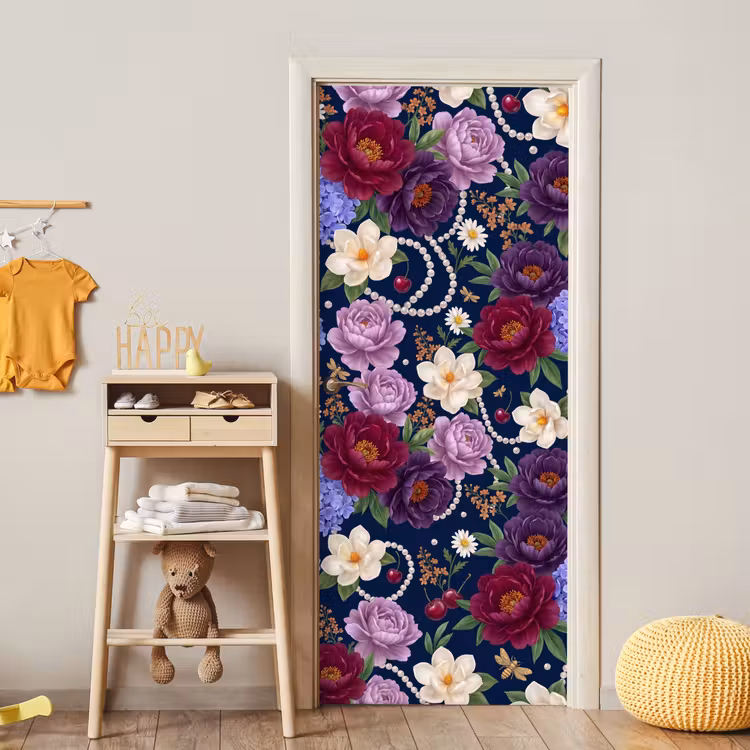 Bloemen - Parels - Decoratie - Modern - Blauw deurposter klein -sfeer4