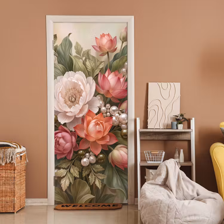 Bloemen - Parels - Elegant - Roze - Wit deurposter klein -sfeer1