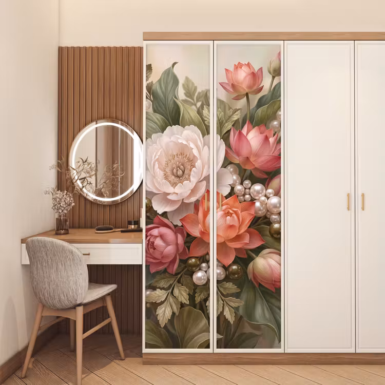 Bloemen - Parels - Elegant - Roze - Wit deurposter klein -sfeer3